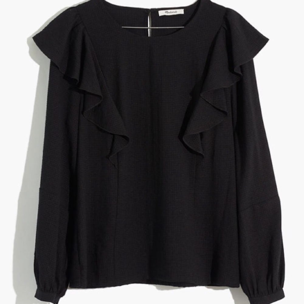 NWOT Madewell Ruffle Front Monochromatic Black Gingham Blouse Top Size Small